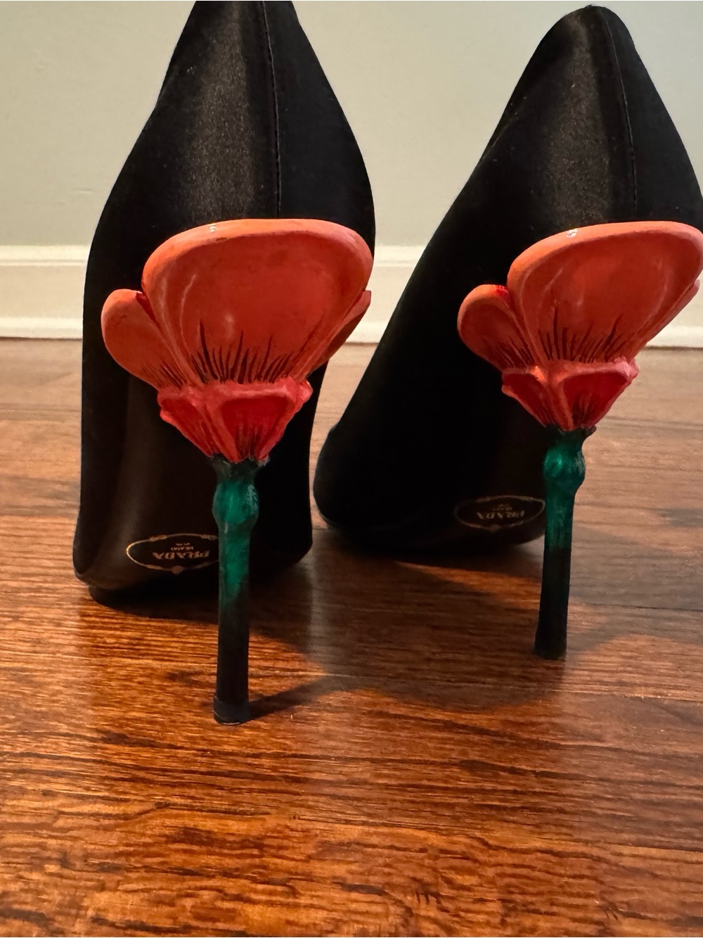 Vintage Prada Linea Rossa Black Satin Peep-Toe Pumps - Hand Painted Tulip Heel